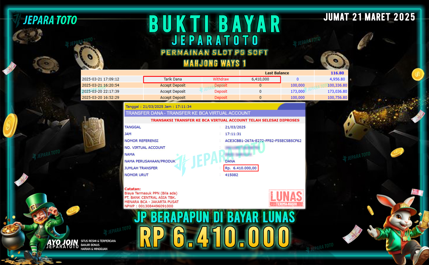 BUKTI KEMENANGAN MEMBER JEPARATOTO SLOT PG SOFT | GAME MAHJONG WAYS 1