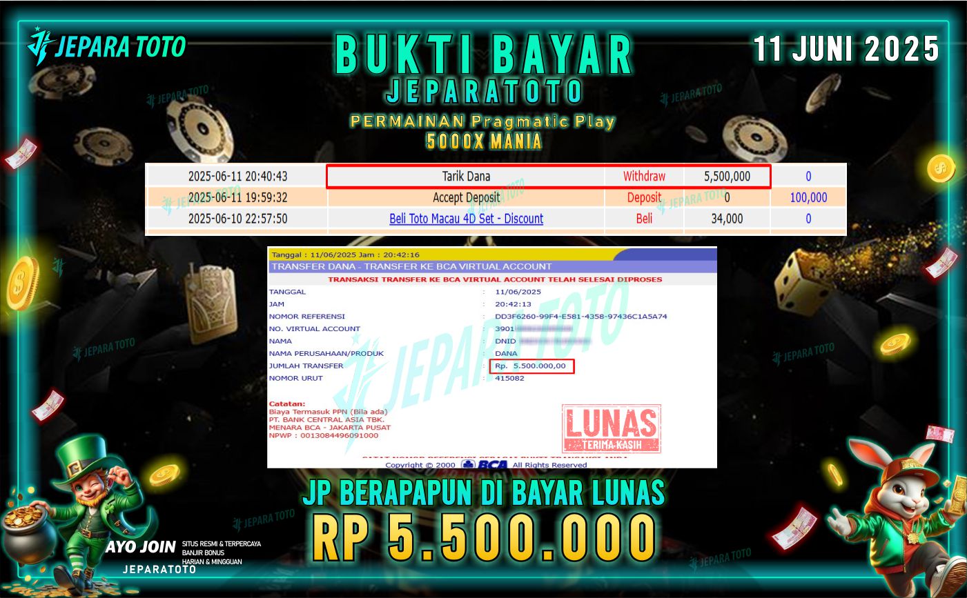 BUKTI KEMENANGAN MEMBER JEPARATOTO | 5000 X MANIA