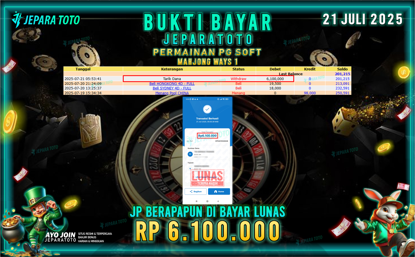 BUKTI KEMENANGAN MEMBER JEPARATOTO | MAHJONG WAYS 1