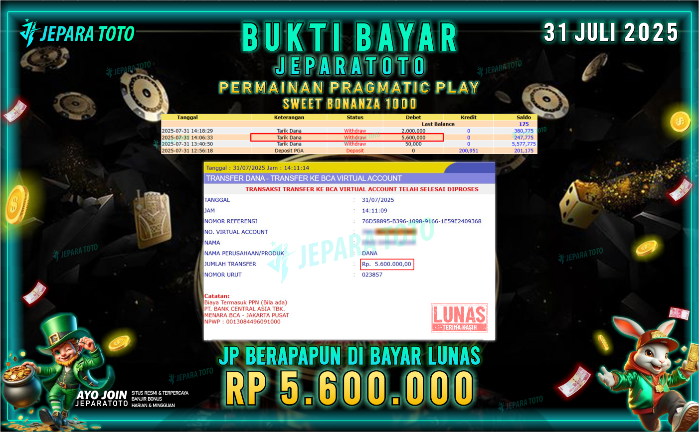 BUKTI KEMENANGAN MEMBER JEPARATOTO | SWEET BONANZA 1000