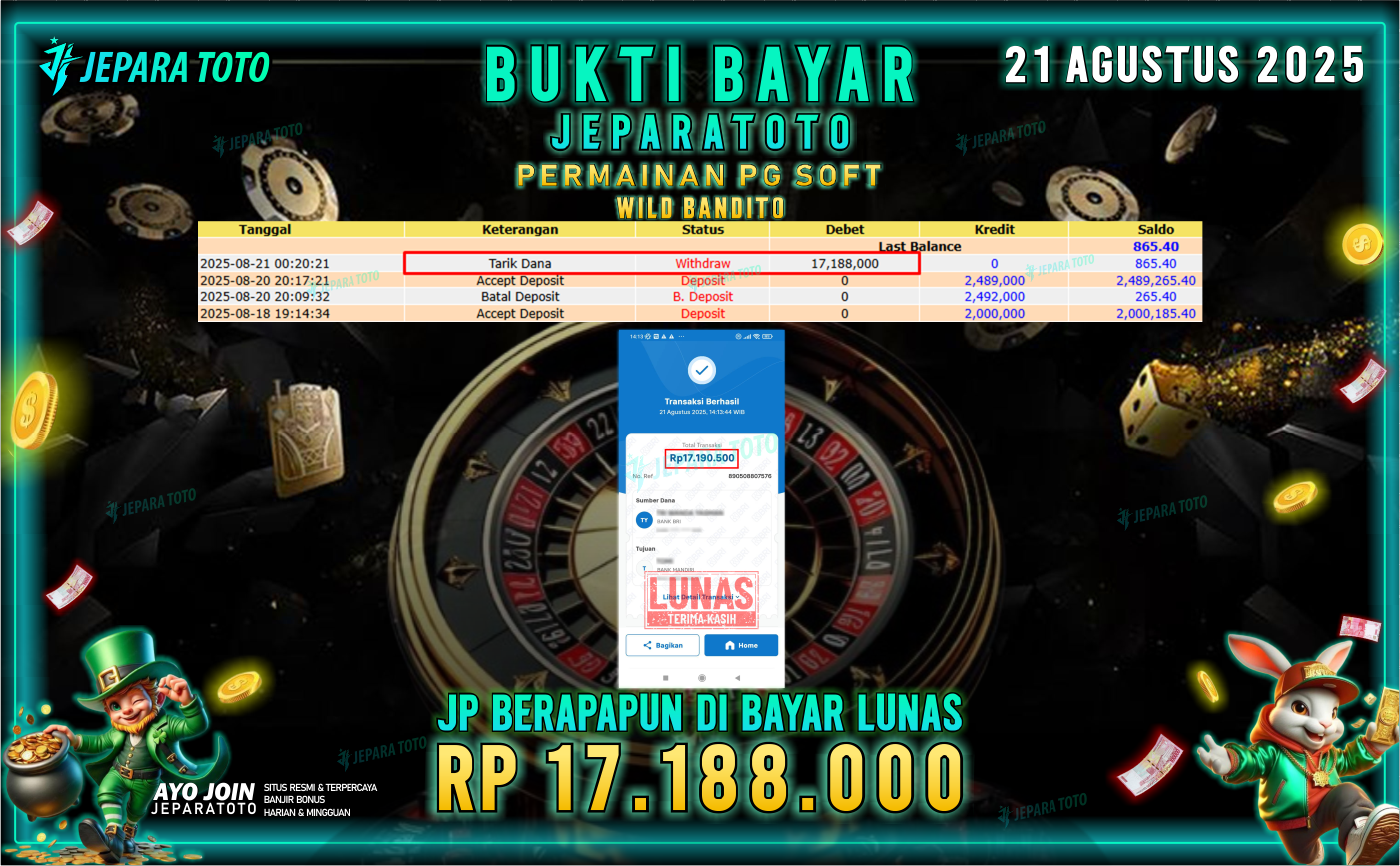 BUKTI KEMENANGAN MEMBER JEPARATOTO | WILD BANDITO