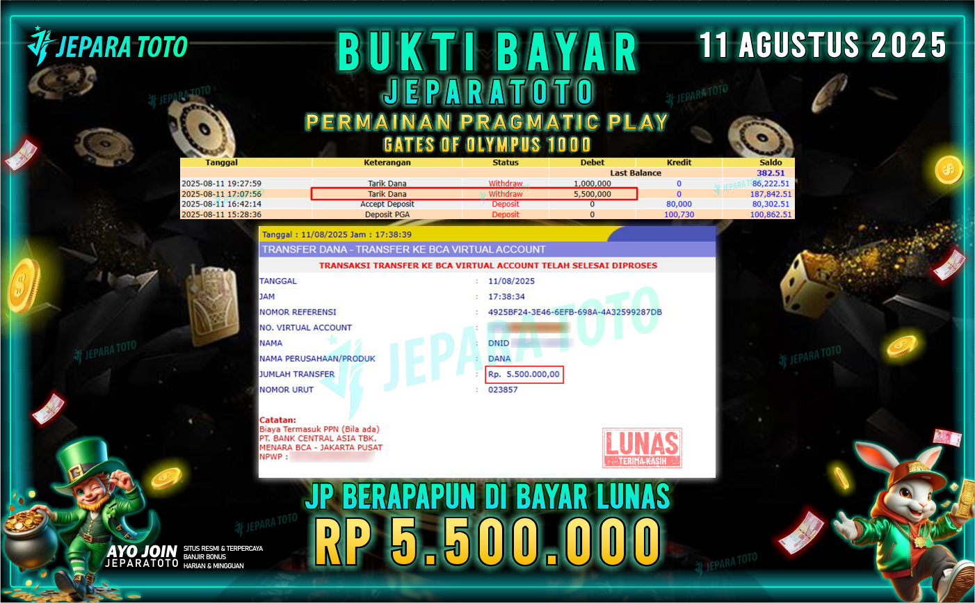 BUKTI KEMENANGAN MEMBER JEPARATOTO | GATES OF OLYMPUS 1000
