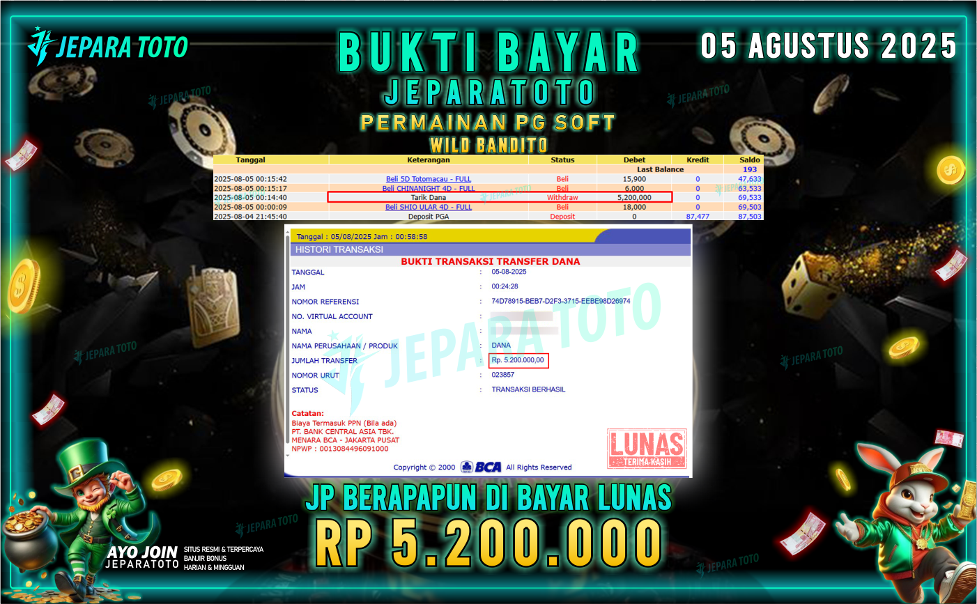 BUKTI KEMENANGAN MEMBER JEPARATOTO | WILD BANDITO