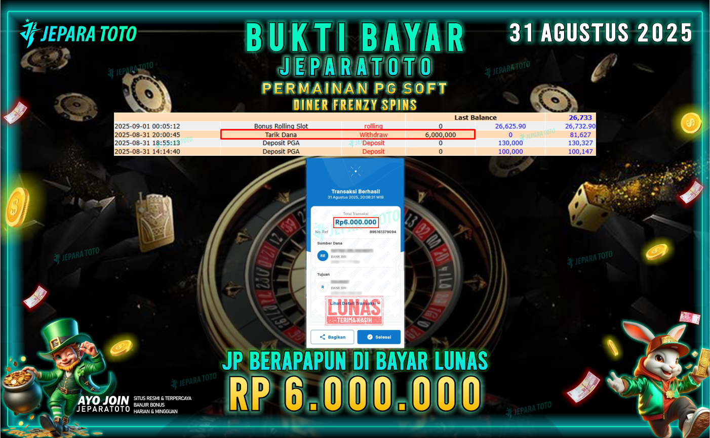 BUKTI KEMENANGAN MEMBER JEPARATOTO | DINER FRENZY SPINS