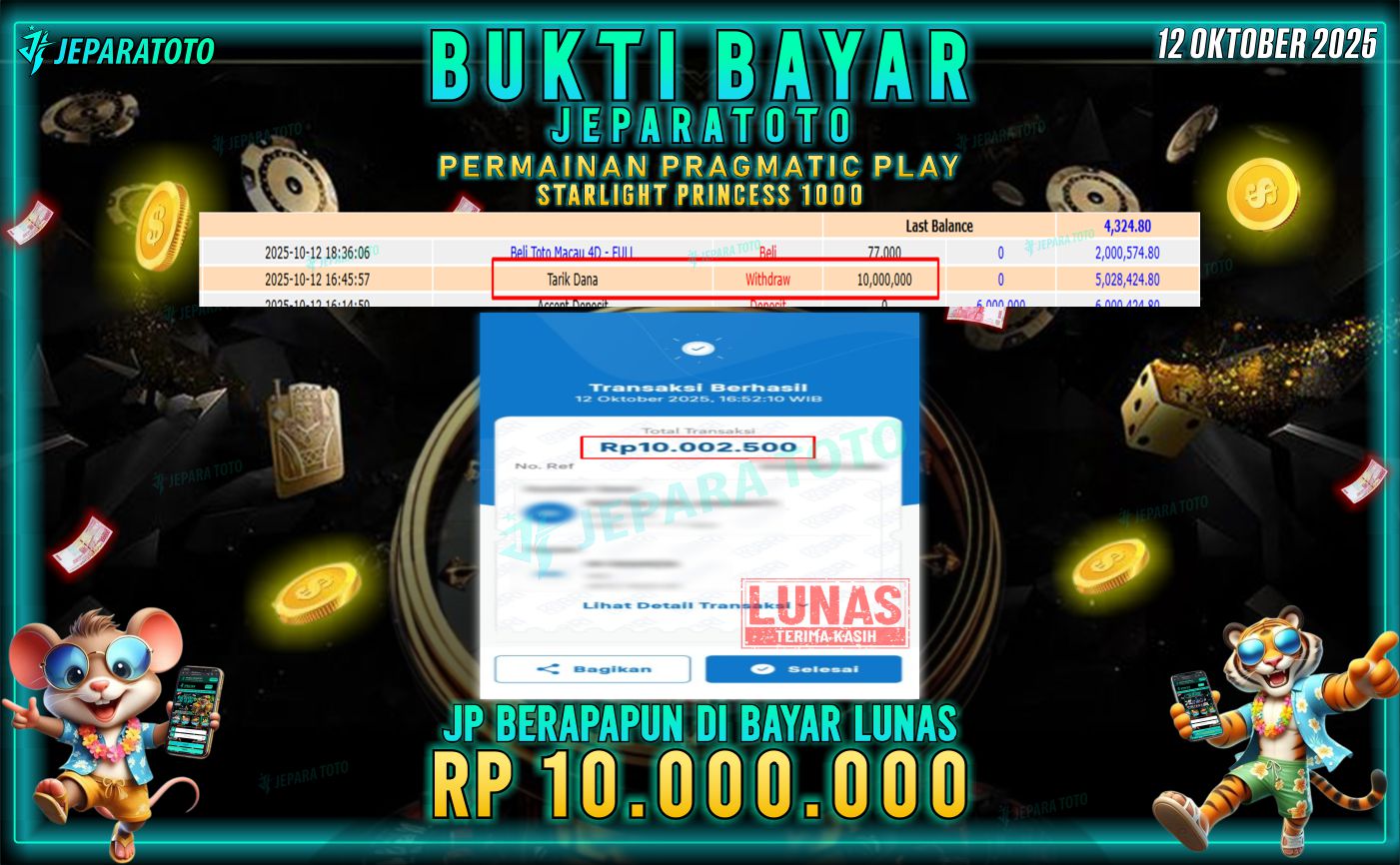 BUKTI KEMENANGAN MEMBER JEPARATOTO | STARLIGHT PRINCESS 1000