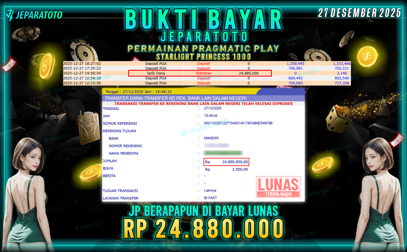 BUKTI KEMENANGAN MEMBER JEPARATOTO | STARLIGHT PRINCESS 1000