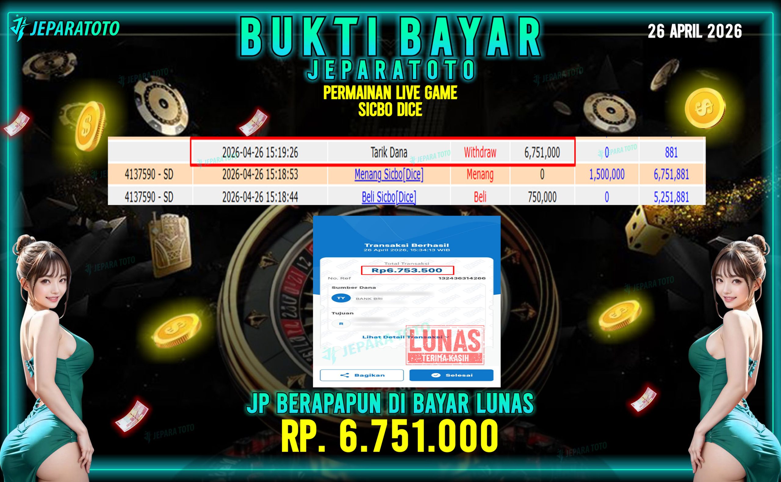 BUKTI KEMENANGAN MEMBER JEPARATOTO I SICBO DICE