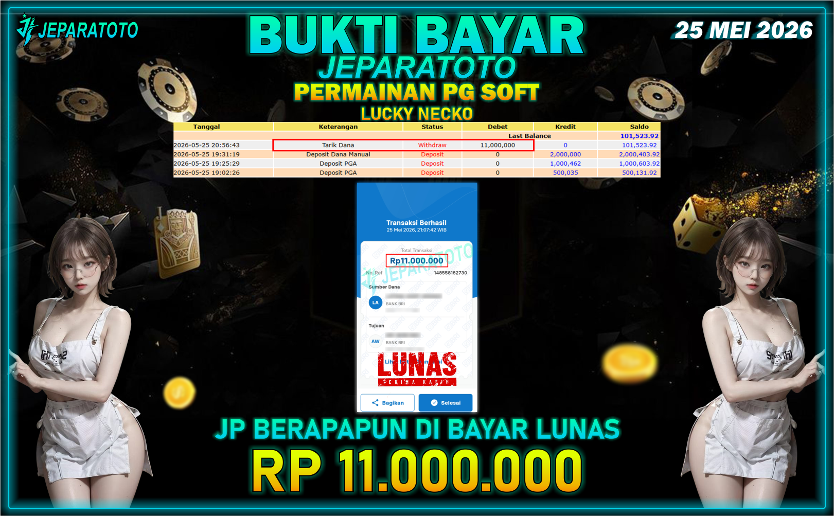 BUKTI KEMENANGAN MEMBER JEPARATOTO I LUCKY NECKO
