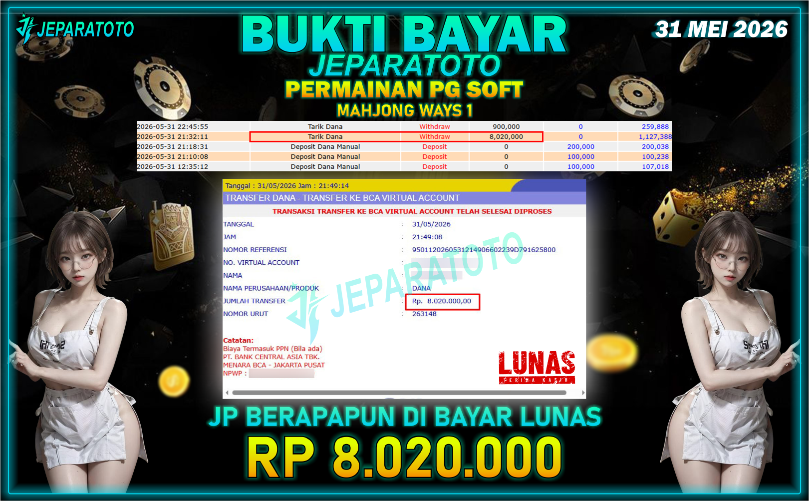 BUKTI KEMENANGAN MEMBER JEPARATOTO I MAHJONG WAYS 1