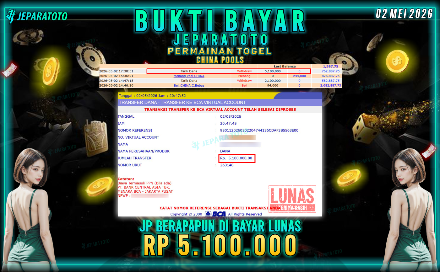 BUKTI KEMENANGAN MEMBER JEPARATOTO I CHINA POOLS