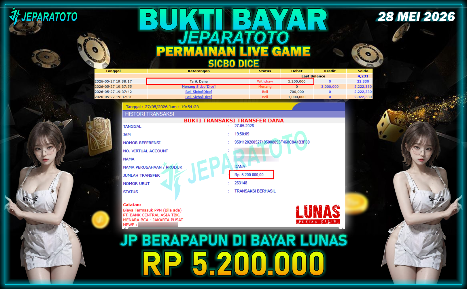 BUKTI KEMENANGAN MEMBER JEPARATOTO I SICBO DICE