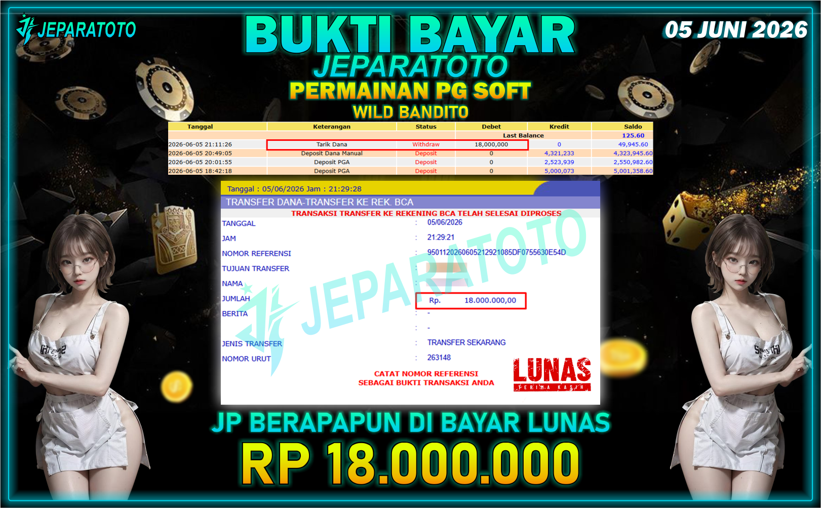BUKTI KEMENANGAN MEMBER JEPARATOTO I WILD BANDITO