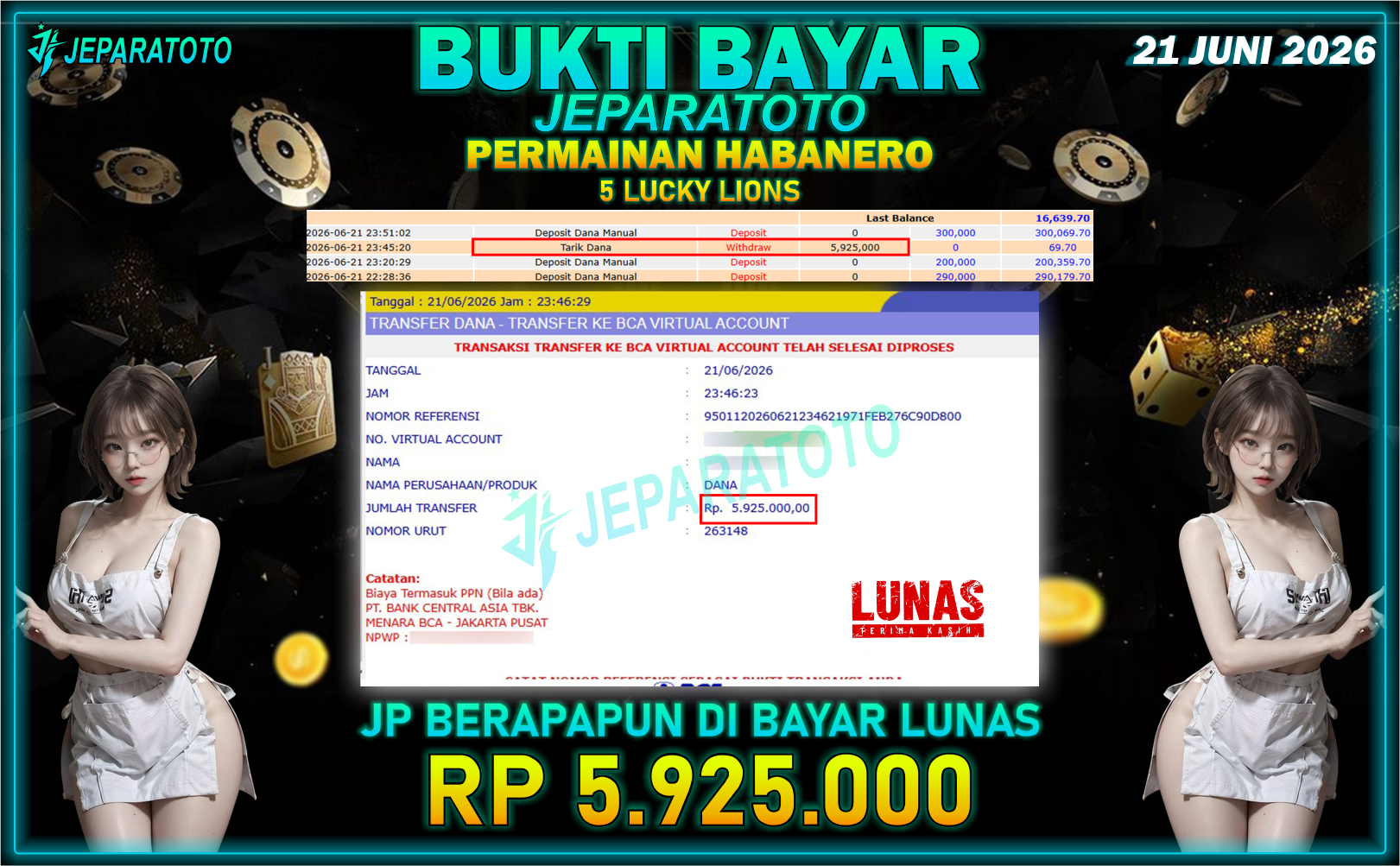 BUKTI KEMENANGAN MEMBER JEPARATOTO I 5 LUCKY LIONS