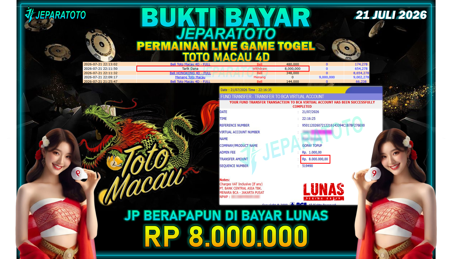 BUKTI KEMENANGAN MEMBER JEPARATOTO I TOTO MACAU 4D