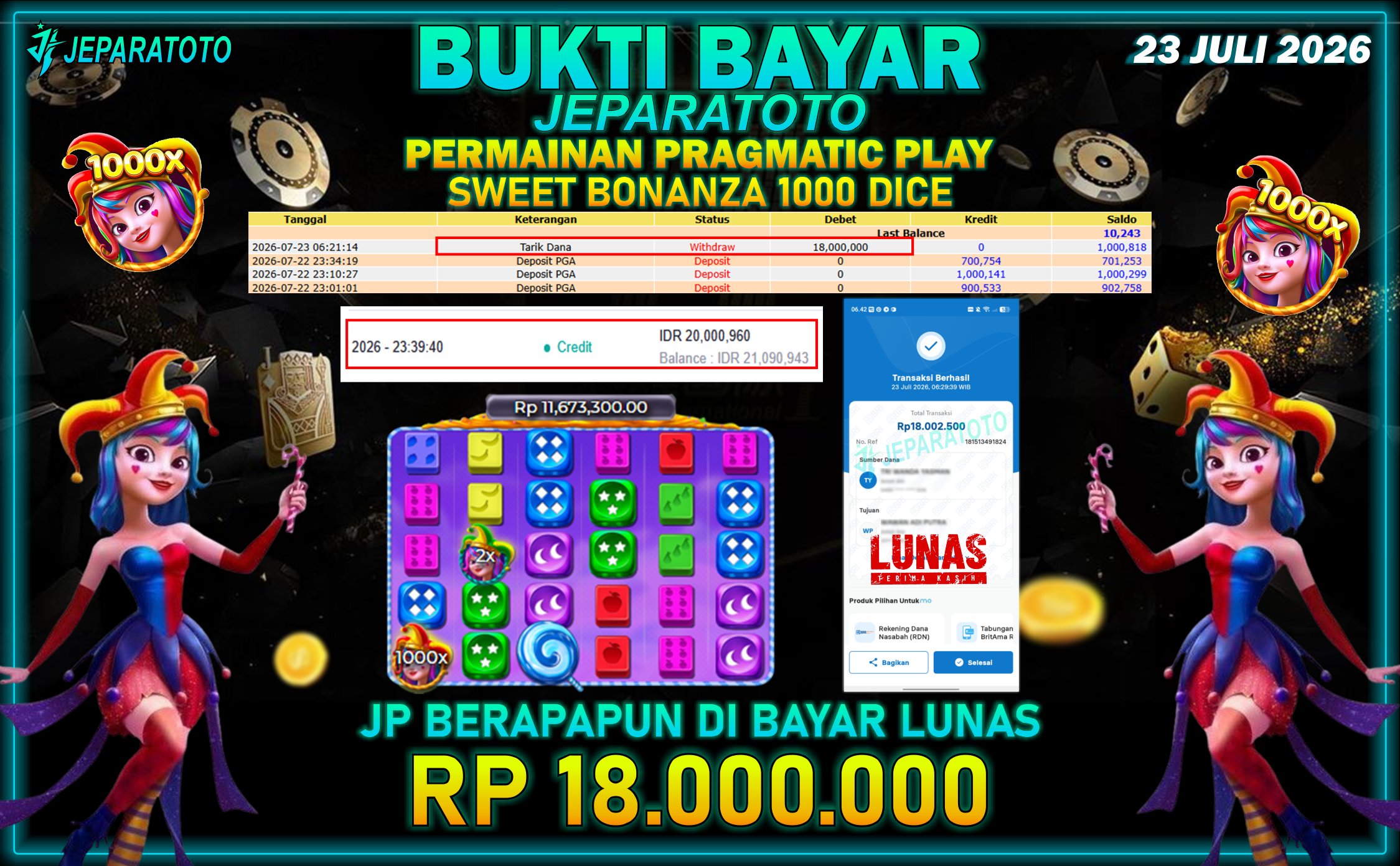 BUKTI KEMENANGAN MEMBER JEPARATOTO I SWEET BONANZA 1000 DICE