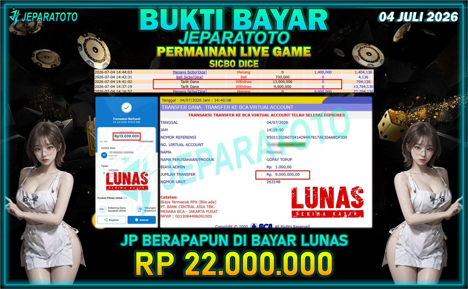 BUKTI KEMENANGAN MEMBER JEPARATOTO I SICBO DICE