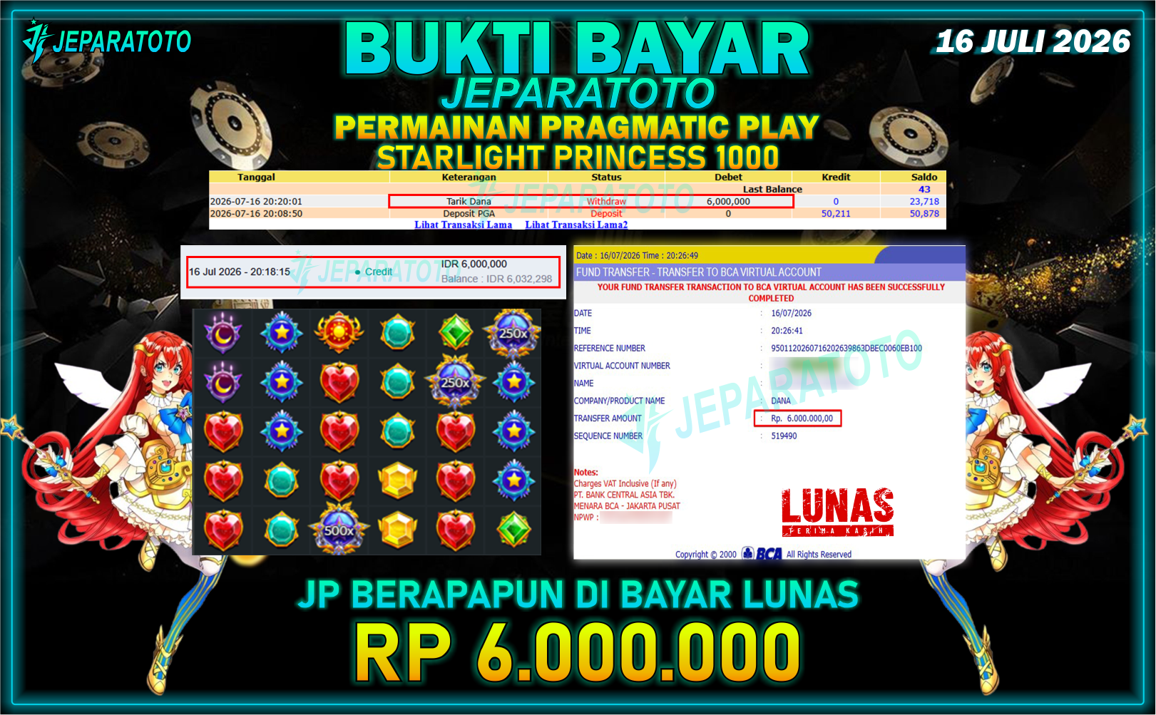 BUKTI KEMENANGAN MEMBER JEPARATOTO I STARLIGHT PRINCESS 1000