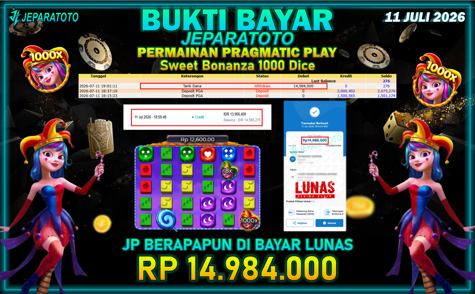 BUKTI KEMENANGAN MEMBER JEPARATOTO I SWEET BONANZA 1000 DICE