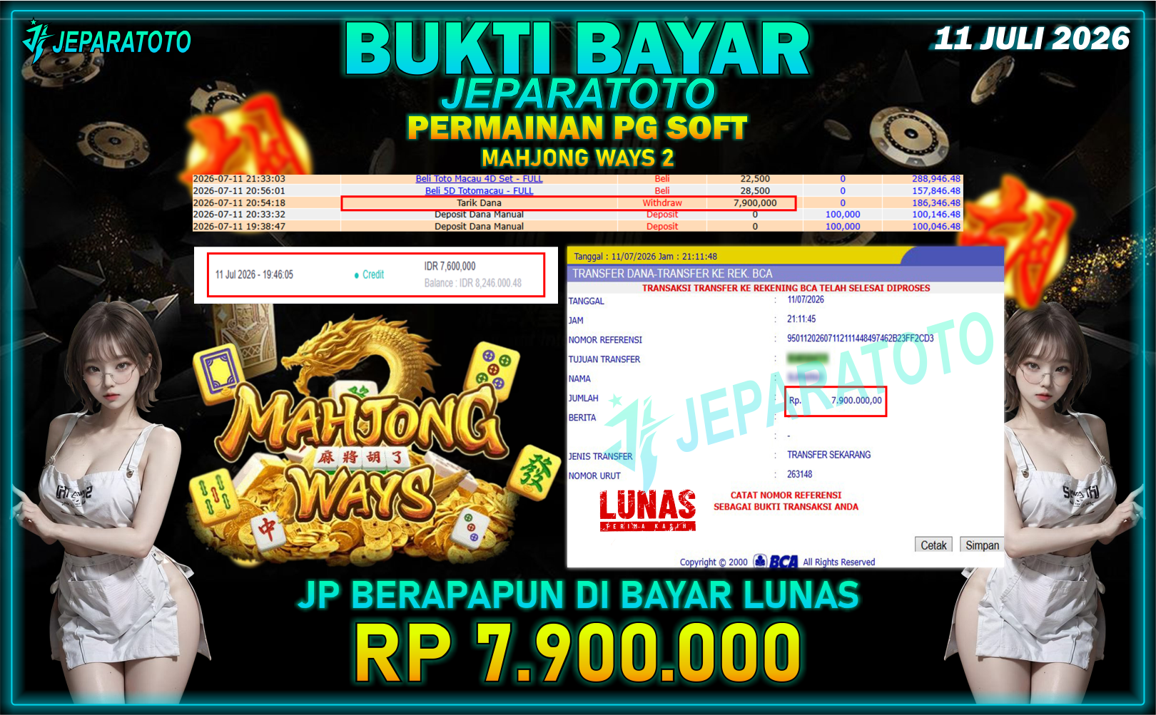 BUKTI KEMENANGAN MEMBER JEPARATOTO I MAHJONG WAYS 2