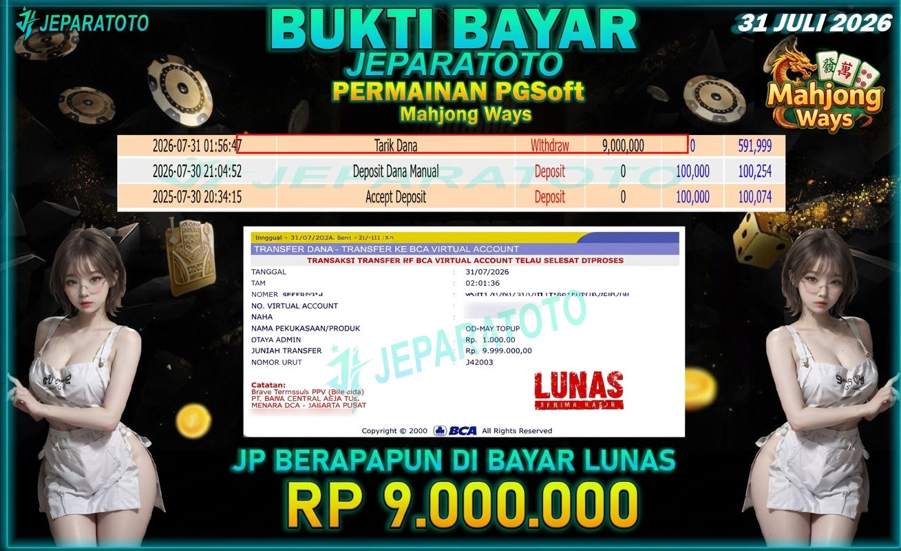 BUKTI KEMENANGAN MEMBER JEPARATOTO I MAHJONG WAYS