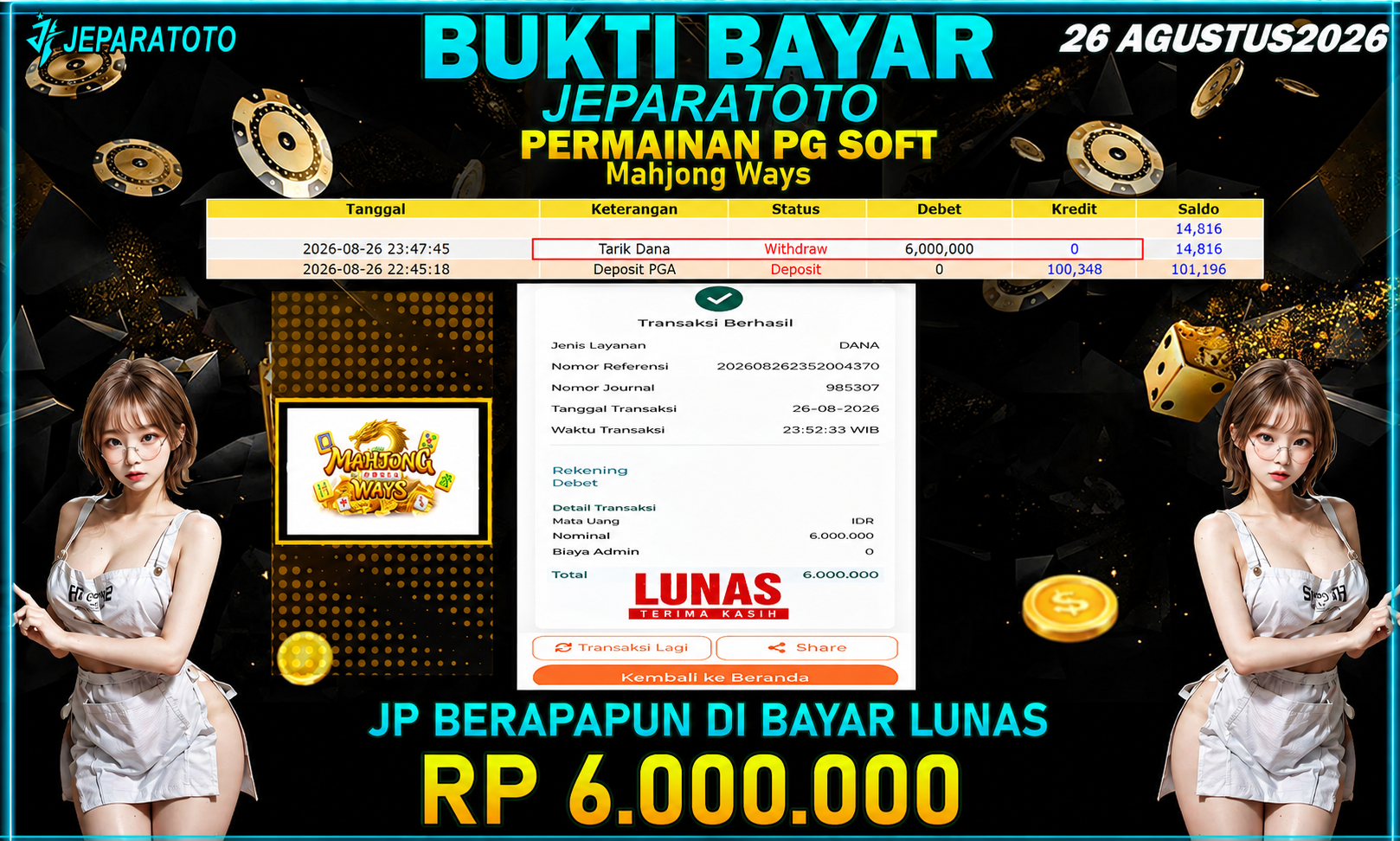 BUKTI KEMENANGAN MEMBER JEPARATOTO I MAHJONG WAYS