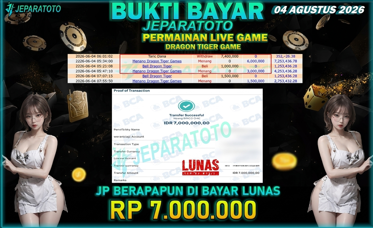 BUKTI KEMENANGAN MEMBER JEPARATOTO I DRAGON TIGER GAME