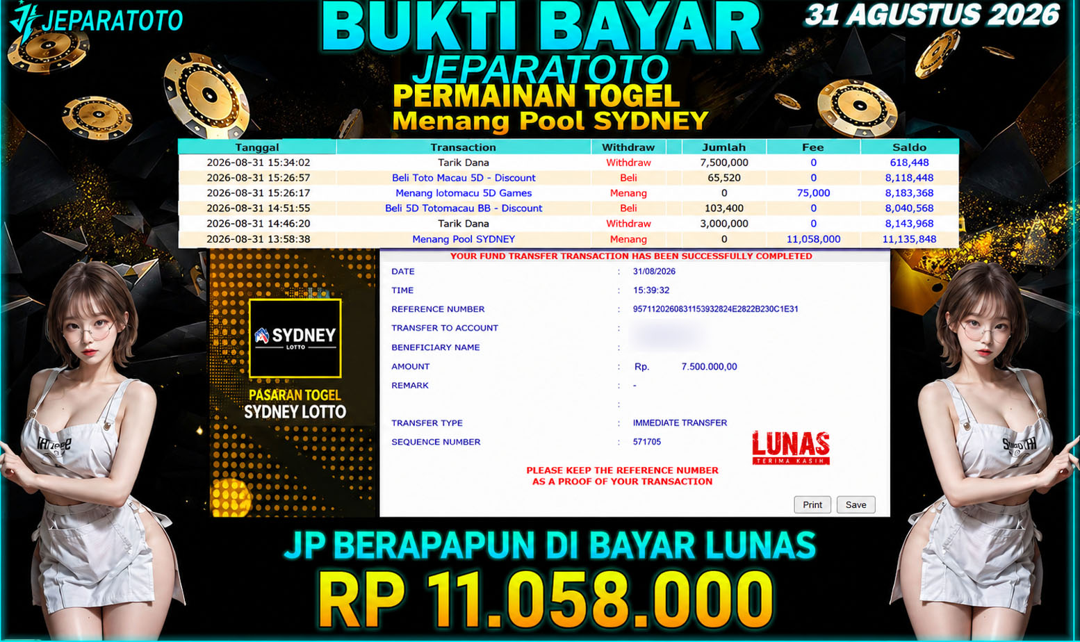 BUKTI KEMENANGAN MEMBER JEPARATOTO I  MENANG POOLS SYDNEY