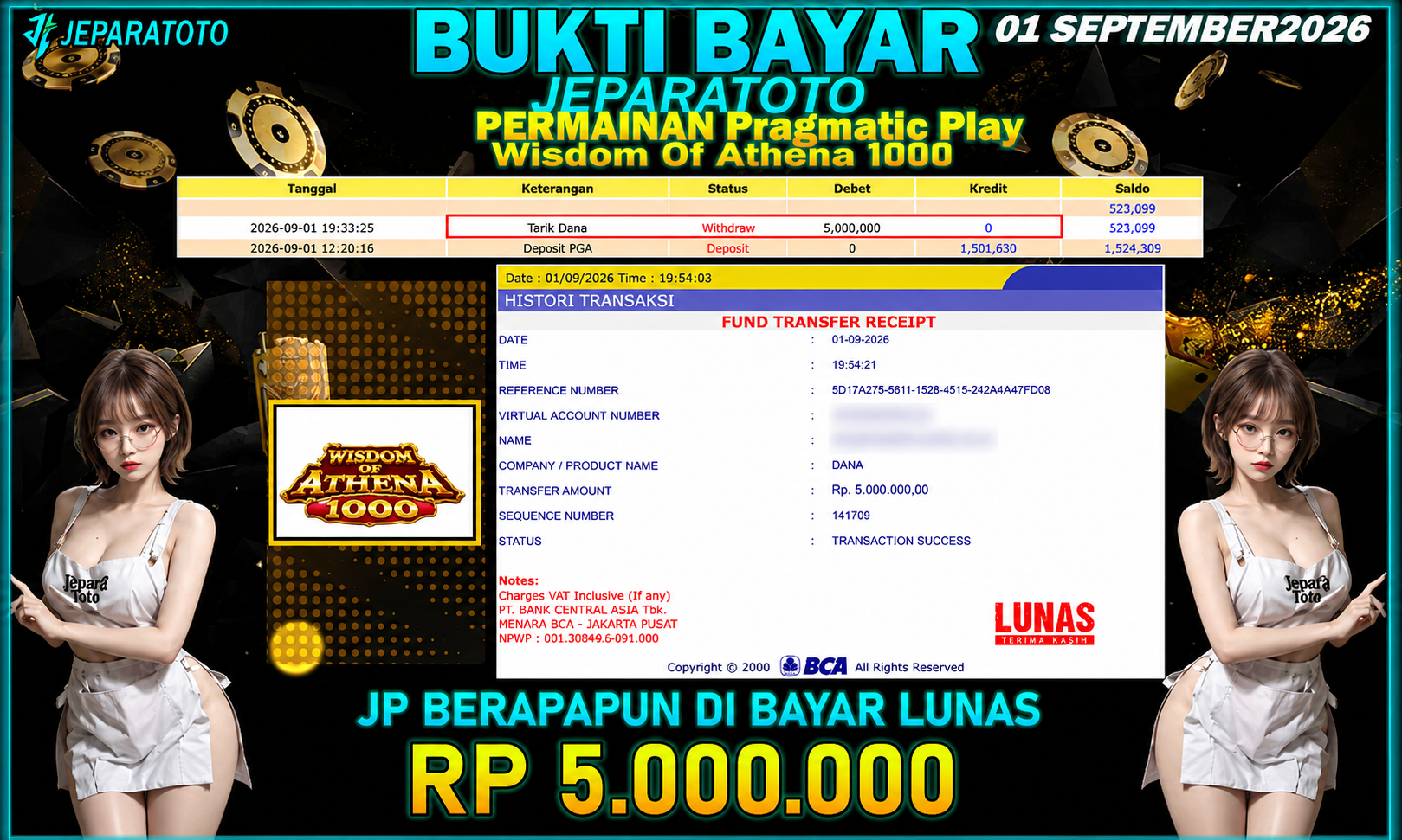BUKTI KEMENANGAN MEMBER JEPARATOTO I WISDOM OF ATHENA 1000